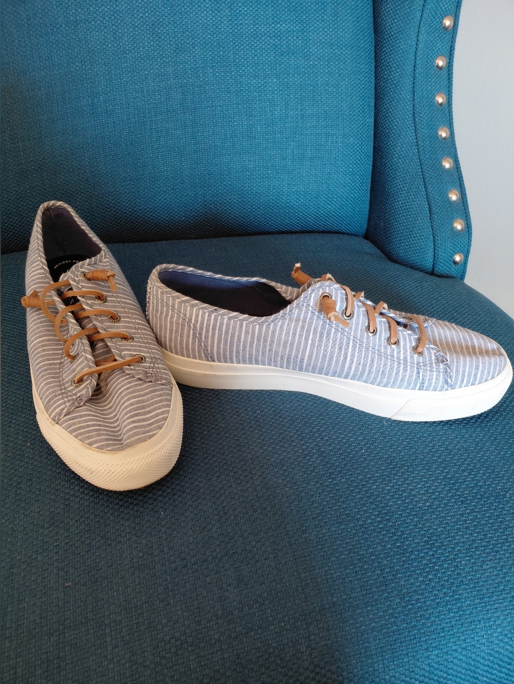 Sperry Blue & White Striped Canvas Top Sider Sneakers  W/Memory Foam